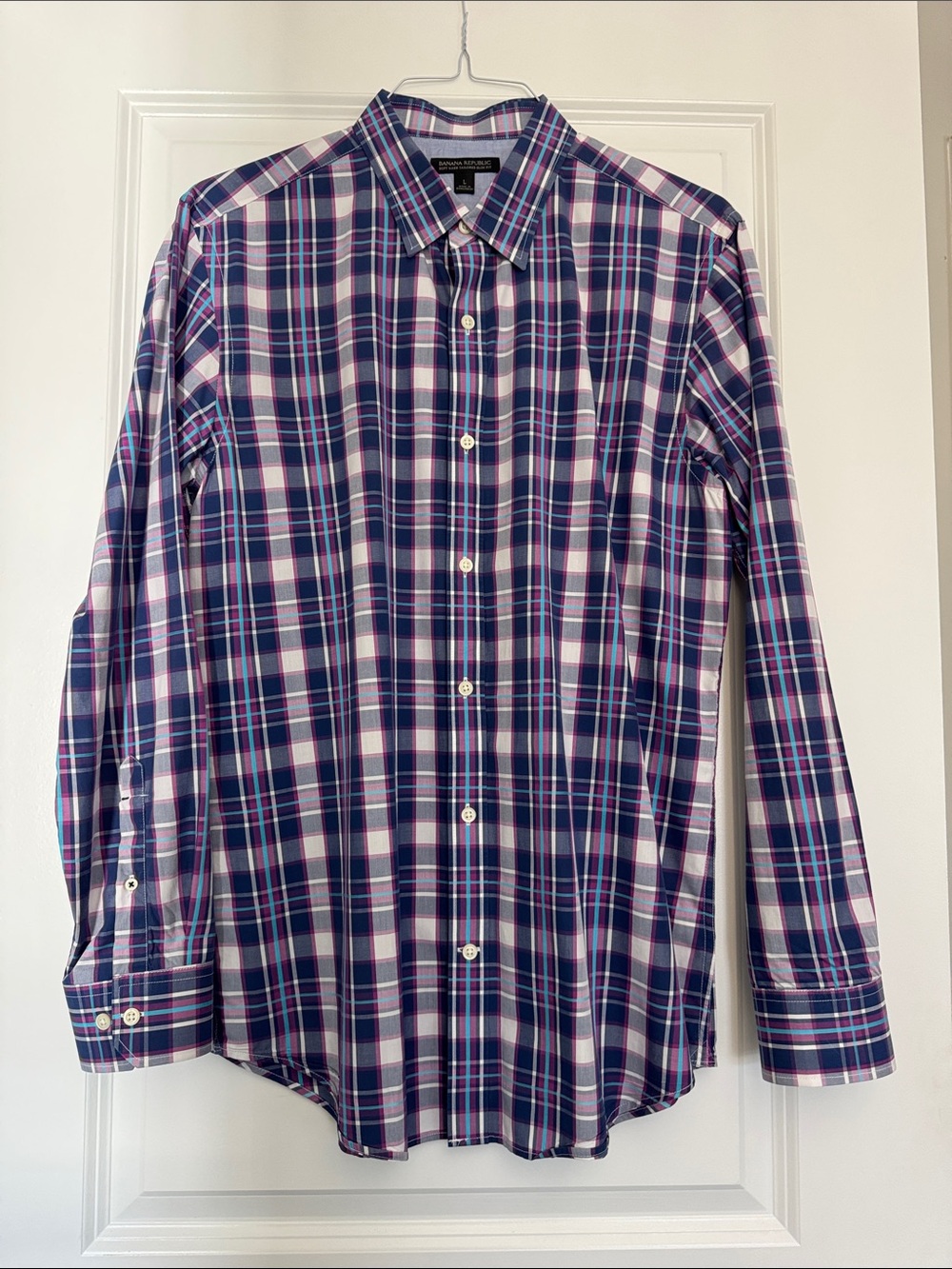 Banana Republic Men’s Purple, Blue & White Plaid Dress Shirt